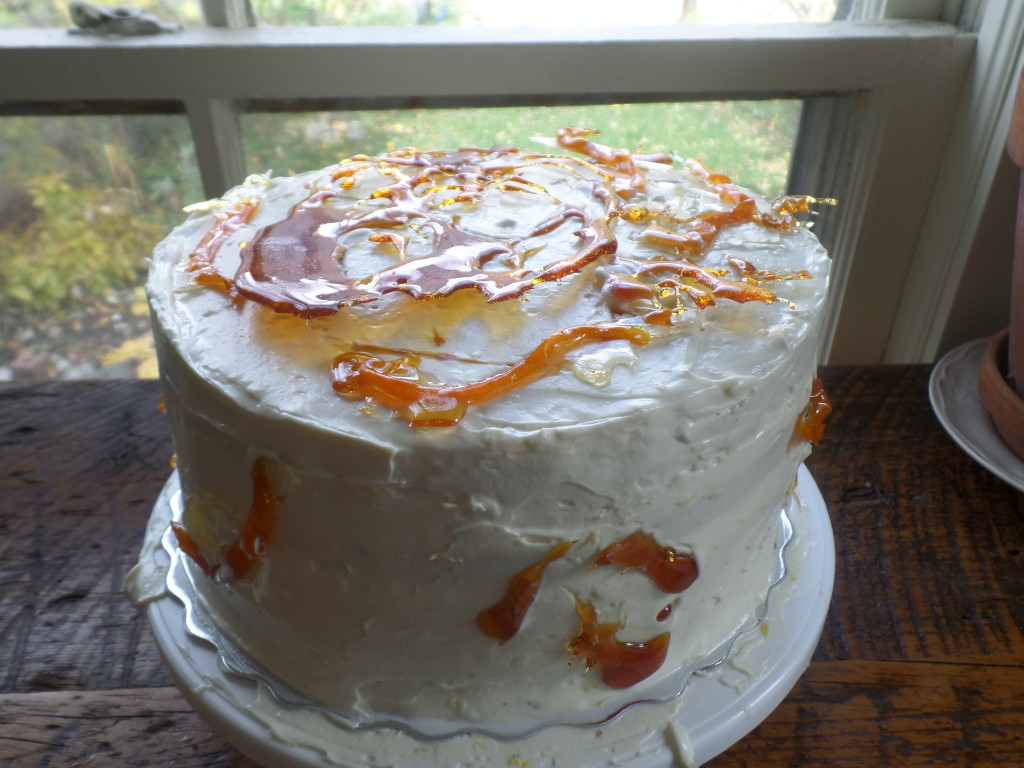 Carrot Cake with Cream Cheese Frosting, Candied Carrots, and Sugar 